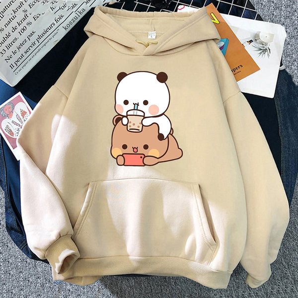 Trendy Bubu & Dudu Women's Graphic Hoodie, Kawaii Style Medium-Length Polyester Sweatshirt