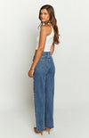 Beaded Cross-Waist Frayed Hem Blue Jeans - Mid-Rise Straight-Leg Style - XS to L Sizes - Casual Denim Chic
