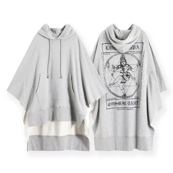 Elegant Shiva Lady Print Cotton Poncho - Light Gray, Long Sleeve, Loose Fit, Stylish Asian Size Outerwear