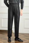 Vintage High-Waisted Striped Wool Pants - Napoli Style, Gray-Black Stripe, Straight-Leg Silhouette. Comfy blend of polyester & viscose.