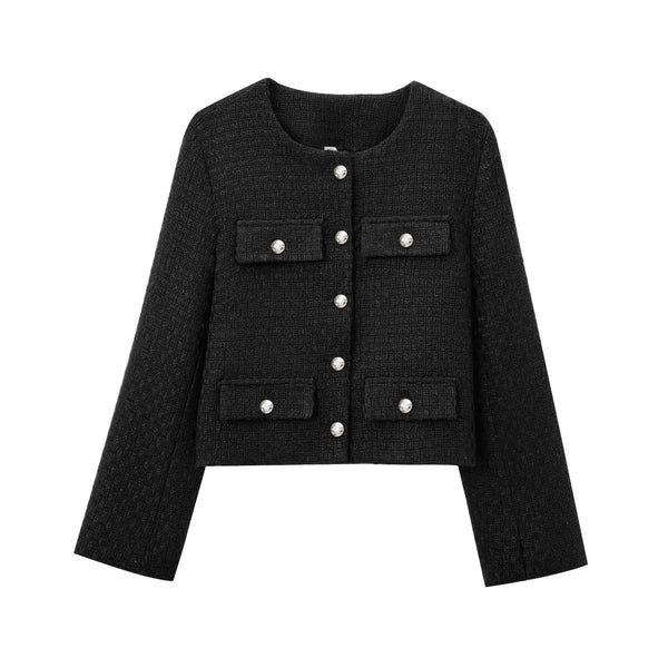 Stylish Round Neck Long Sleeve Women's Coat in black, white, gray, or red - fashionable comfort for all seasons!
