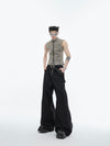 Men's Chic Double-Layer Suit Pants with Metal Button Detail, Full-Length, Loose Fit, Polyester Cotton Blend