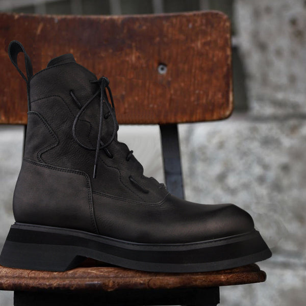 Men's Mid-Top Black Leather Platform Boots, Korean Style, PU Leather, Comfortable Footwear - Trendy Fashion Statement