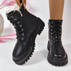 British-Style Plush-Lined Martin Boots with Square Heels in Black - Women's Winter Boots