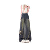 Vintage-Style Denim Pants with Butterfly Patch in Retro Blue - Wide-Leg Straight-Cut Fashion for Women