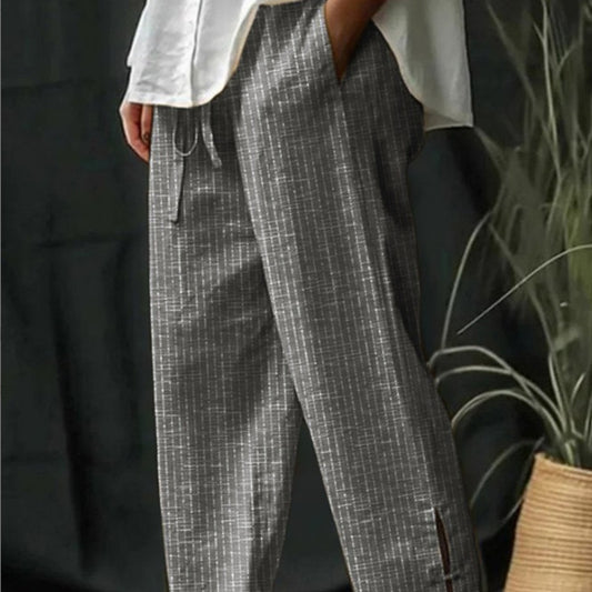 Men's Striped Linen-Cotton Pants, Blue Mid-Waist Trousers with Pockets, Casual Style for Teens and Adults