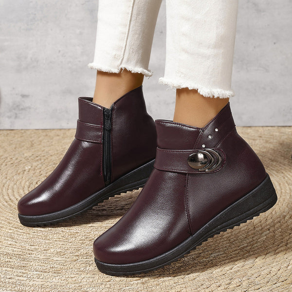Winter Leather Boots Women - Warm Fleece-Lined Non-slip - Black, Wine Red, Dark Brown - Mid-heel - Size 36-41 - Rubber Sole & PU Upper
