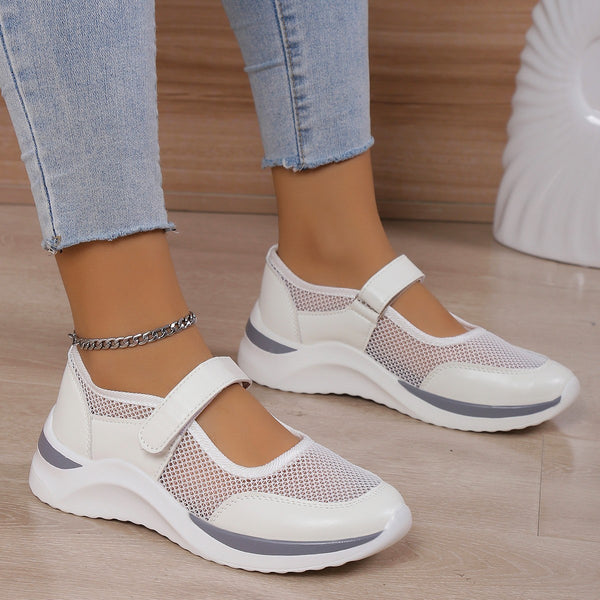 Women's Breathable Mesh Comfort Sneakers with Velcro Closure - White, Dark Blue, Pink, Black - Lightweight Casual Shoes.