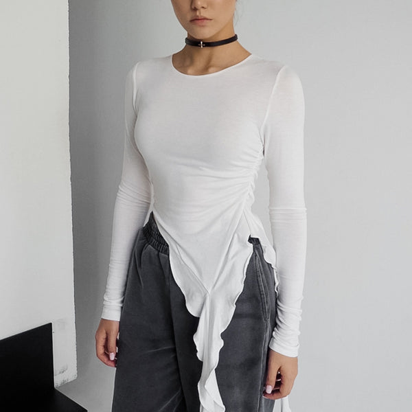 Chic White Knitted T-Shirt, Round Neck, Women's Clothing, Comfort Fit, Fashion, Long Sleeve, Pullover Style