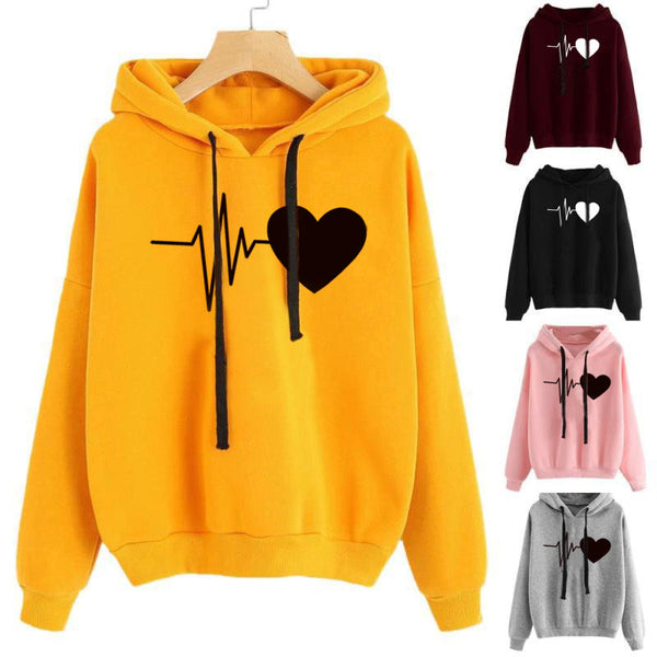Women's Chic Heart Print Pullover Hoodie in Multiple Colors, Long Sleeve Urban Hipster Sweatshirt for Spring/Autumn