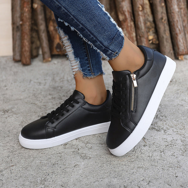 Chic Large Size Flat Sneaker in Black or White, Cotton Lined, Round Toe, Side Zipper, Fashion Shoes for Women
