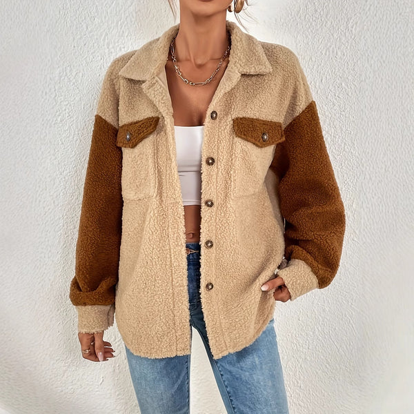 Women's Elegant Camel Lamb Wool Winter Coat, Warm & Stylish, Mid-Length Loose Fit, Contrast Color Design, Premium Polyester, Non-Iron Finish