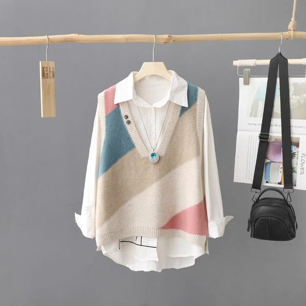 Stylish Contrast Color V-Neck Women's Sweater, Acrylic Polyester Blend Fashionable Outerwear, Free Size Temperament V-Neck Sweater
