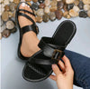Plus Size Hollow Buckle Flat Slippers with Woven Strap - Black, White, and Brown - Women's Fashionable Footwear