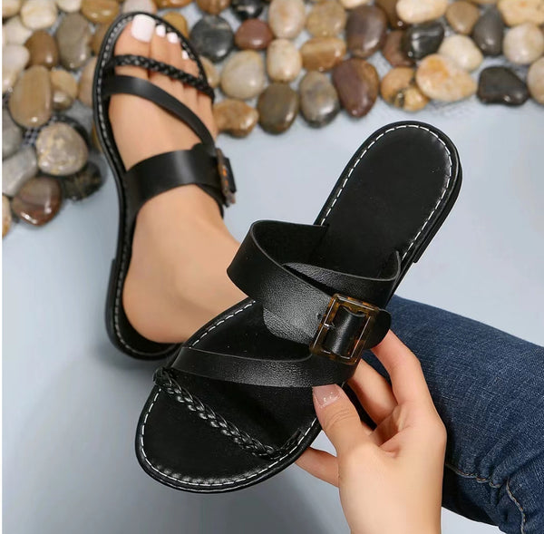 Plus Size Hollow Buckle Flat Slippers with Woven Strap - Black, White, and Brown - Women's Fashionable Footwear