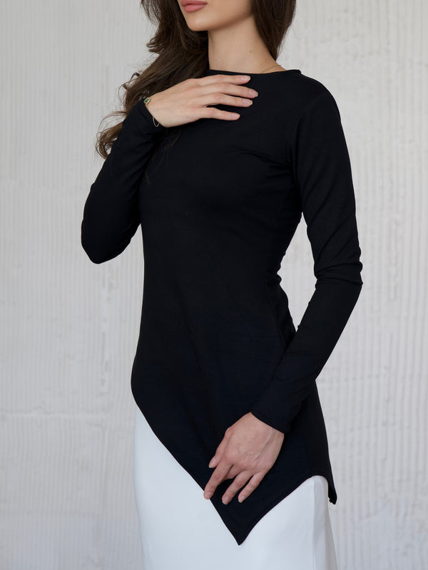 Elegant Black Long-Sleeve Top with Asymmetric Hem, High Elasticity Slim Fit - Chic Women’s Daily Wear Top