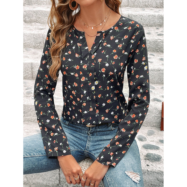 Elegant Floral Print Long Sleeve Top in Black, Women's Slim Fit Fashion, Flower Pattern Polyester Shirt