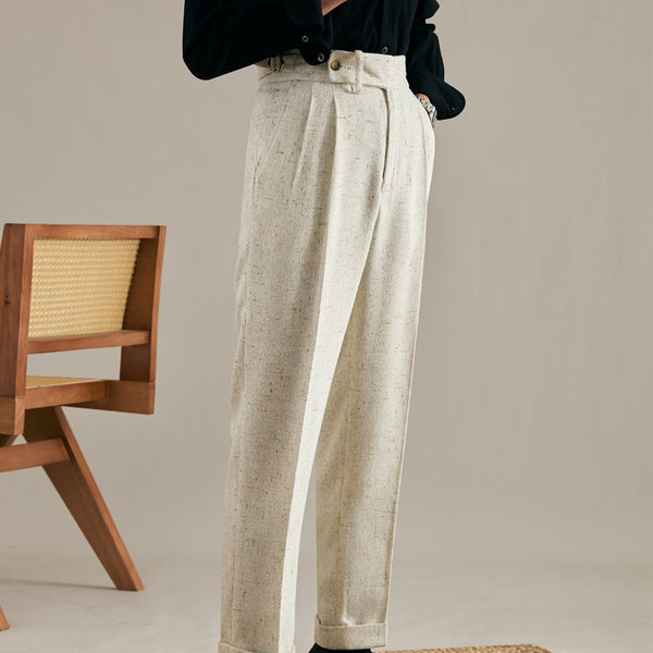 Men's Off-White Linen Pleated Trousers, Straight Leg Fit. Comfortable, Stylish Casual/Formal Pants. Durable Polyester/Hemp Blend.