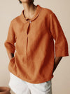 Retro Slub Linen Shirt for Autumn Casual Wear, Long Sleeve Shirt with intricate print, Loose-Fitted Pullover, High-Quality Fabric