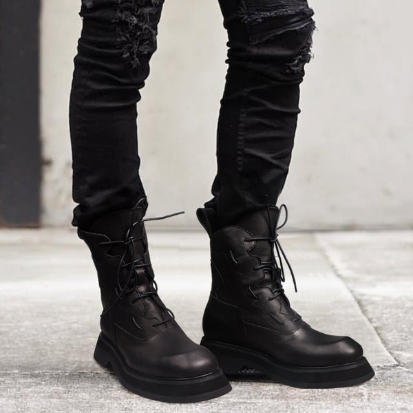 Men's Mid-Top Black Platform Leather Boots - Versatile, Comfortable & Trendy Design - Sizes 38-46 - PU Leather & Rubber Sole