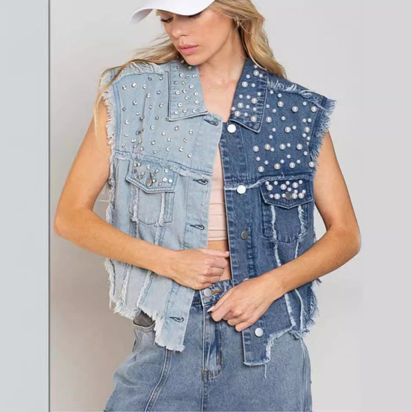 Chic Denim Vest for Women - Blue Short Style. Casual, Trendy, Summer Fashion. High Quality Cotton. Perfect for Jeans & Skirts.