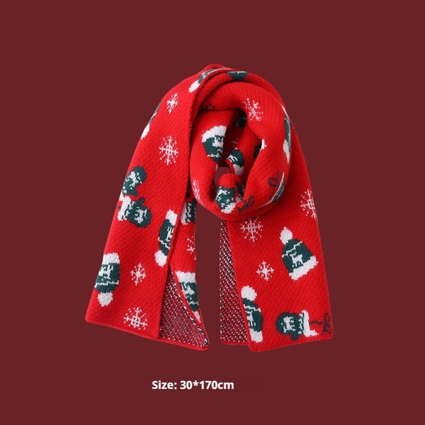 Cozy Winter Plaid Wool Scarf - Festive Red Snowflake Holiday Accessory