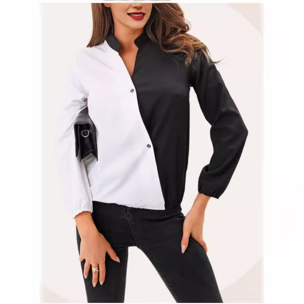 Chic Women's Business Casual Shirt in Crisp White - Contrast Color Design, Polyester Fabric - Sizes S-XXL - Professional and Casual Wear.