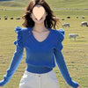 Cozy Klein Blue Ruffled Collar Sweater with Flying Sleeves
