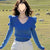 Cozy Klein Blue Ruffled Collar Sweater with Flying Sleeves
