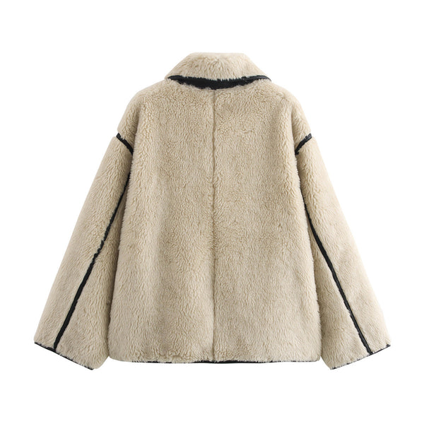 Plush Coat with Large Fur Collar in Milky White - Women's Winter Wear, Buttoned Design, Stylish Lapel Coat