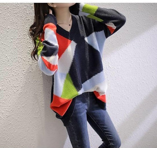 Women's V-Neck Knitted Rainbow Sweater in Vibrant Hues