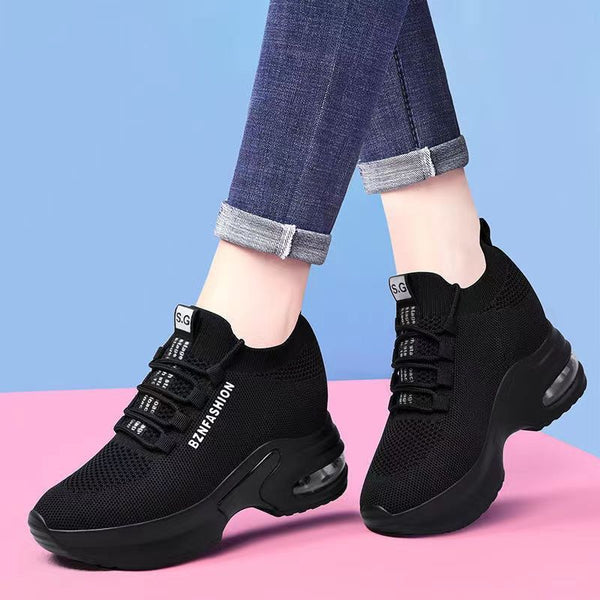 Women's Air Cushion Sports Shoes with Height Increasing Insole in Black & White - Wedge Heels & Fly Woven Mesh for Comfort & Style - Size 35-40