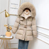 Chic fur collar mid-length down jacket for women - black or khaki, velvet fabric, cinched body style, hooded design.