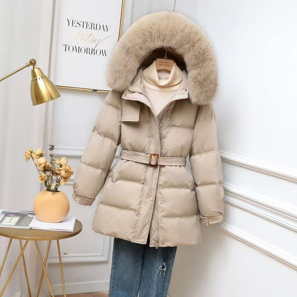 Chic fur collar mid-length down jacket for women - black or khaki, velvet fabric, cinched body style, hooded design.