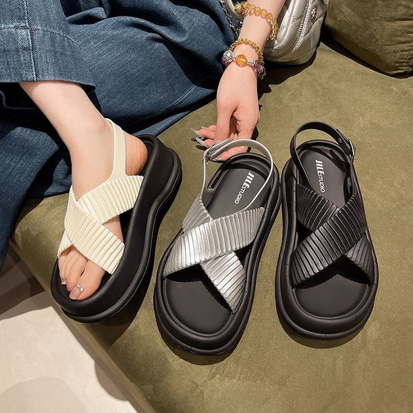 Roman Style Platform Sandals in Beige, Black, or Silver. Stylish and Comfortable Women's Footwear made from durable PVC. Sizes 36-41.