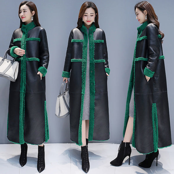Women's Fleece-Lined Lamb Wool Long Coat in Attractive Color