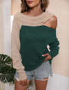 Chic Off-Shoulder Sweater in Dark Colors - Soft 'Deer Plush' Fabric - Color Contrast & Irregular Collar - Women's Winter Fashion
