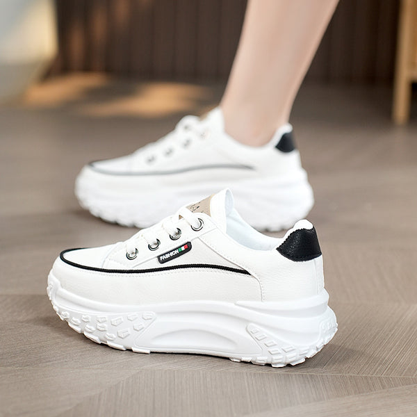 Trendy Korean Style Lightweight Running Shoes in Black, White & Red - Lace-up, PU Upper, Rubber Sole - Women's Casual Footwear