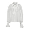 Chic Crepe Bell Sleeve Shirt with Bow Tie, See-Through Style - Elegant and Feminine Cardigan Shirt - Available in S, M, LSizes
