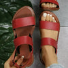 Women's Plus-Size Flat Sandals with Buckle, Round Toe Design in Red - Leather Lined, Waterproof Platform, Rubber Sole - Size 36 to 43