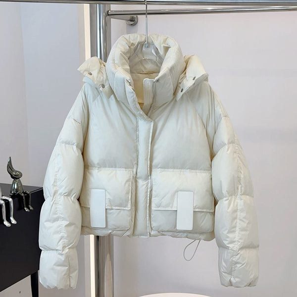 Chic Slimming Hooded Down Coat with White Duck Filling, Milky White, M - XL, Thick Polyester Fabric - Women's Winter Outerwear
