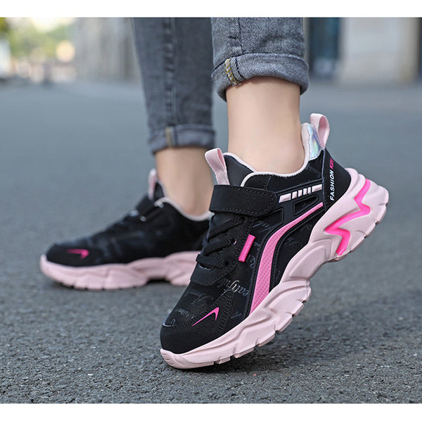 Waterproof Unisex Kids' Leather Sneakers, Pink or Black, Velcro Fastening, Breathable & Lightweight - Sizes 27-40