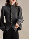 Chic Patchwork Knitted Cardigan with Stand-up Collar - Retro Elegance Style - Gray and Black - Women's Fashion
