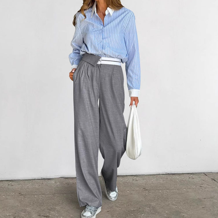 Gray Loose Straight Patchwork High Waist Trousers