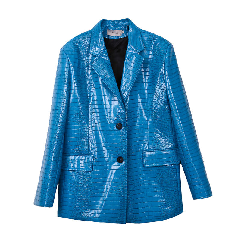 Korean blue  pattern loose shoulder leather jacket