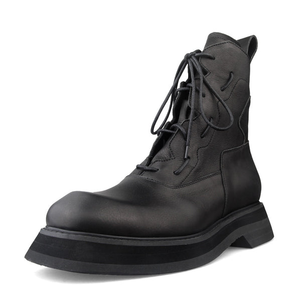 Trendy Men's Mid-Top Leather Platform Boots in Black - Stylish, Comfortable, Korean Design, 3-5CM Heel.