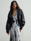 Vintage Luxury Leather Jacket with Detachable Fur Collar, Black PU Leather Zipper Jacket, Retro Style Warm Coat.