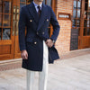British-Style Wool Blend Double-Breasted Coat in Khaki and Dark Blue with Decorative Buttons and Slim Fit Cut