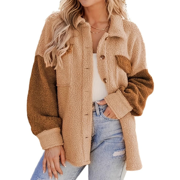 Elegant Women's Camel Lamb Wool Winter Coat with Contrast Color Pattern for Autumn and Winter