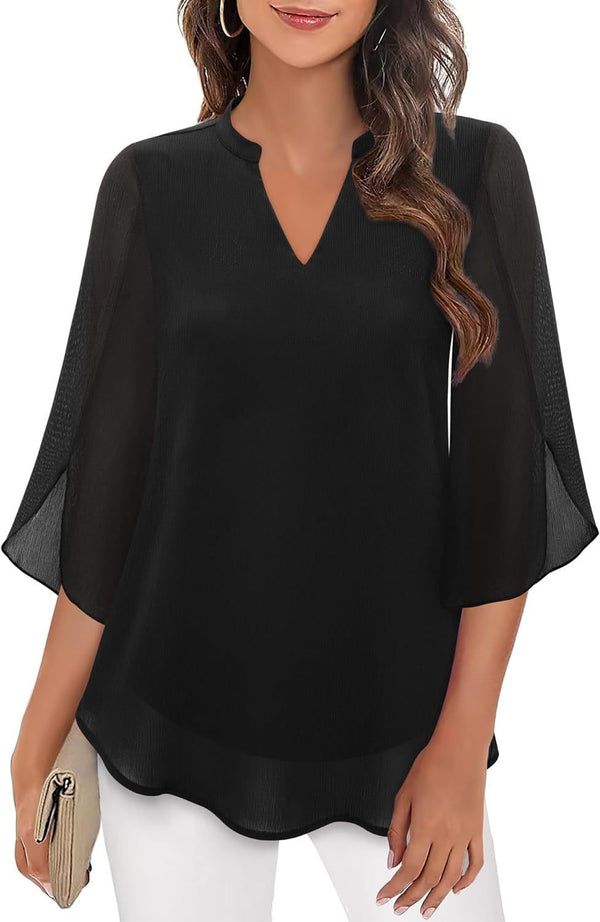 Radiant Petal-Sleeve V-neck Chiffon Top for Women